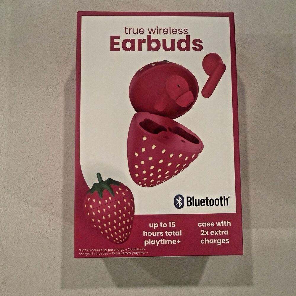 Vivitar Strawberry True Wireless Bluetooth Earbuds Pink Strawberry Charging Case